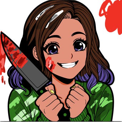 a realistic girl holding a knife and grinning