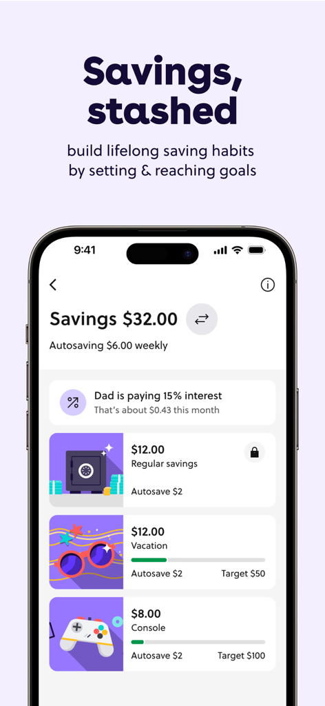 A mobile app screen for GoHenry showing savings goals for kids including a vacation fund and a gaming console goal with progress bars and automated savings features.