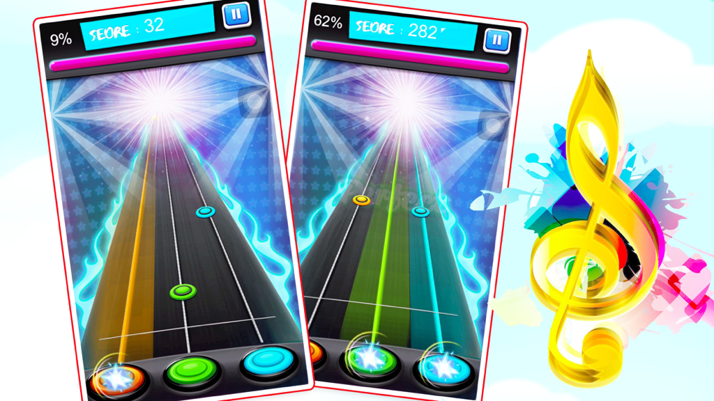 滚动的音符 - 节奏打点大师动作闯关小游戏 - Gameplay screenshot of the Rolling Notes rhythm game showing colorful notes on a neon track