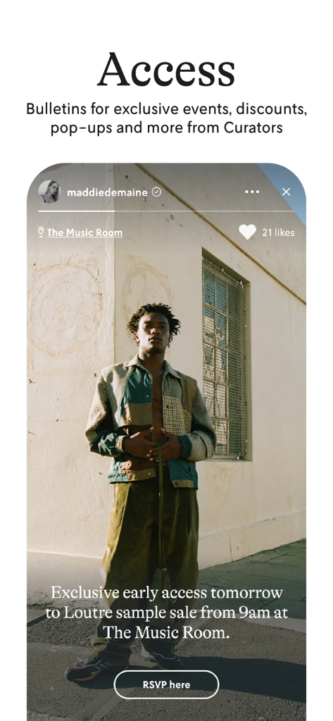 Step: Your World - Stepアプリのアクセス機能のスクリーンショット。ファッションサンプルセールに関する独占的なキュレーター通信が表示されている。