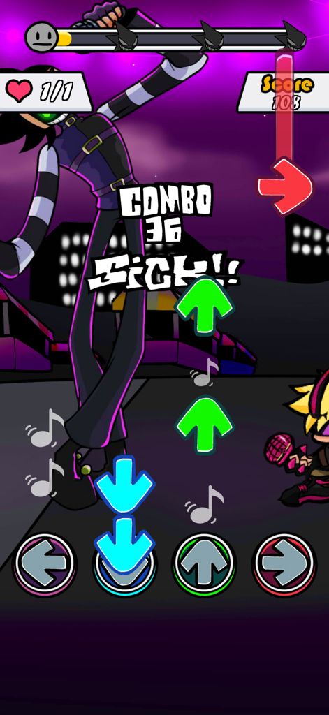 Beat Stage - Battle Duel - Gameplay de Beat Stage Battle Duel mostrando una batalla musical con notas de flecha cayendo y contador de combos