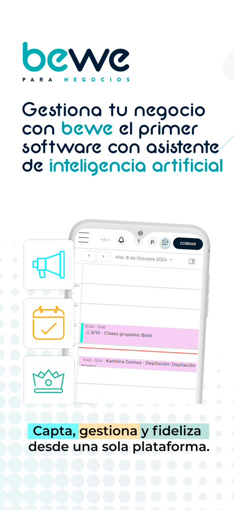 Bewe para negocios - Aplicación de gestión empresarial Bewe que muestra el asistente de IA y el calendario de citas