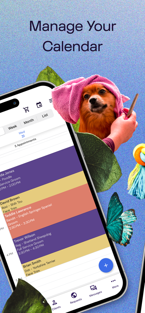 DaySmart Pet App zeigt einen täglichen Pflegeterminplan auf einem Smartphone an