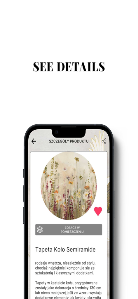 iPhone screen showing product details for a circular floral wallpaper pattern with a button to view in AR