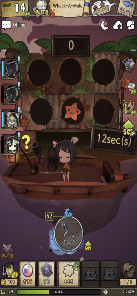 A Girl Adrift - A Girl Adrift gameplay screen showing a Whack-A-Mole mini-game on a boat with a cute hand-drawn character