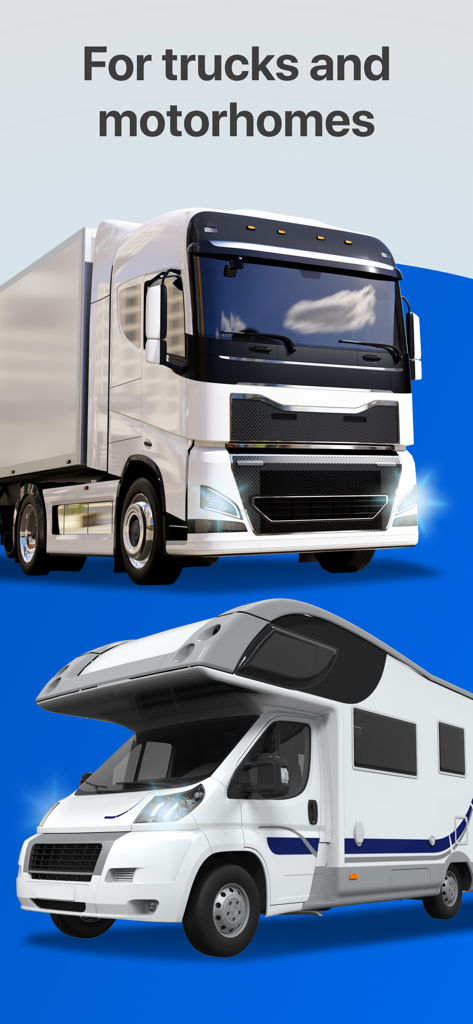 Sygic Truck & RV Navigation - Ein weißer Sattelschlepper und ein Wohnmobil auf blauem Hintergrund für LKW- und Wohnmobilnavigation