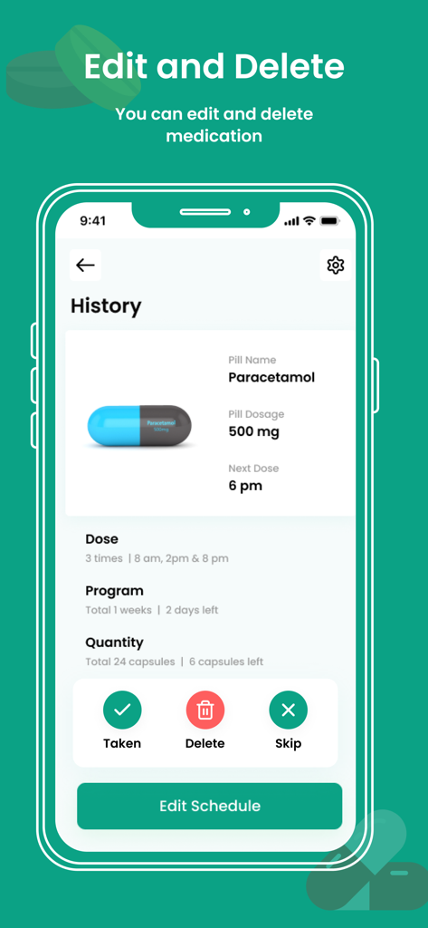 Pill Reminder & Tracker - Mobile app screen showing medication history for Paracetamol with options to edit delete mark as taken or skip doses