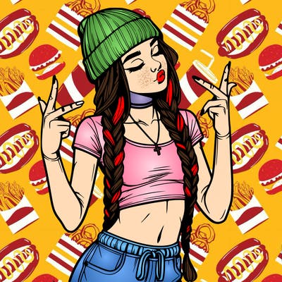 realistic teenage girl with braids and a beanie and crop top doing 🫶🏼