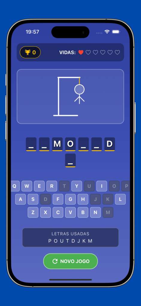 Jogo Forca - Interface of Jogo Forca hangman game on a smartphone screen showing a word puzzle and keyboard