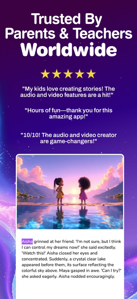 Storytime AI: Story Generator - App screenshot showcasing five-star user testimonials and a preview of a personalized AI-generated story featuring diverse characters.