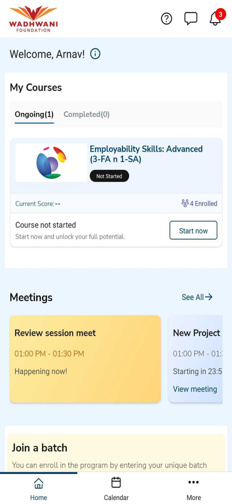 Wadhwani Skilling - 現在のコースとスケジュールされた会議が表示されているWadhwani Skillingアプリのホームダッシュボード。