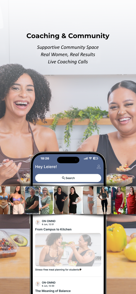ON-DMND - Interface de l'application ON-DMND montrant la fonctionnalité de coaching et de communauté avec les progrès réels des utilisateurs et des articles de blog sur le bien-être