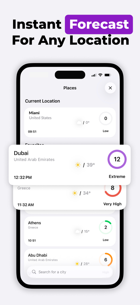SunSafe: UV Index & Tanning - Pantalla de smartphone mostrando pronósticos del índice UV para ciudades globales como Miami y Dubai en la aplicación SunSafe