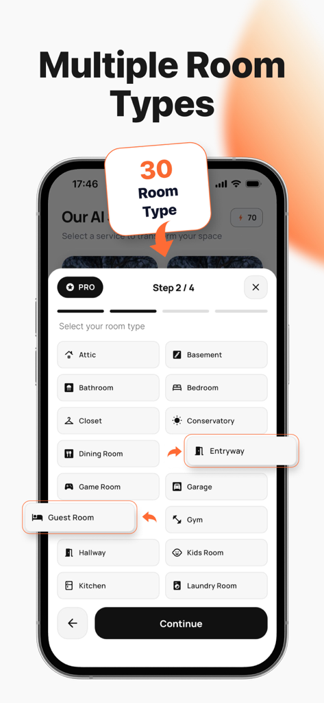 Homestyler: AI Room Planner - Homestyler AI app interface showing a list of thirty room types to choose from including bedroom kitchen and dining room.
