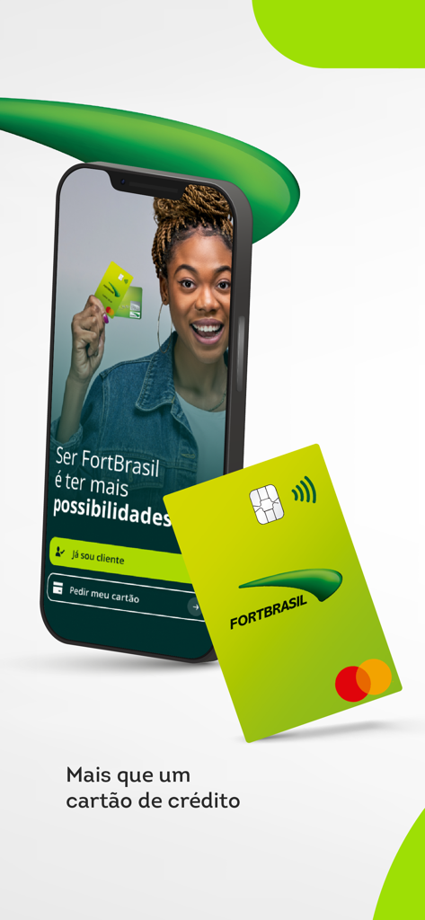 FortBrasil: Cartão de crédito - Interface do aplicativo móvel FortBrasil mostrando um cartão de crédito verde e uma mulher sorrindo