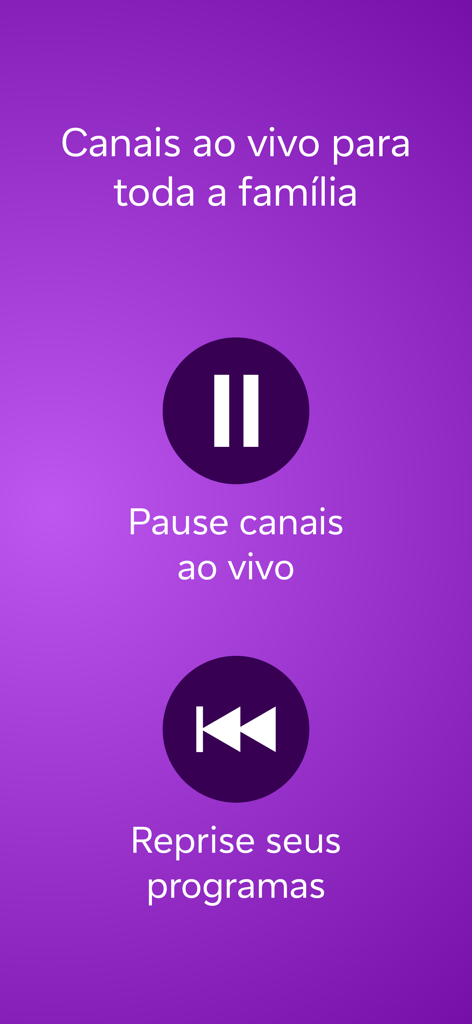 Vivo Play - Filmes, Séries, TV - Vivo Playアプリ画面、ポルトガル語でのライブチャンネルの一時停止および再生機能を表示