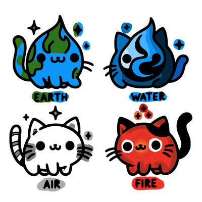4 cats that represent the different elements, earth, water, air, and fire