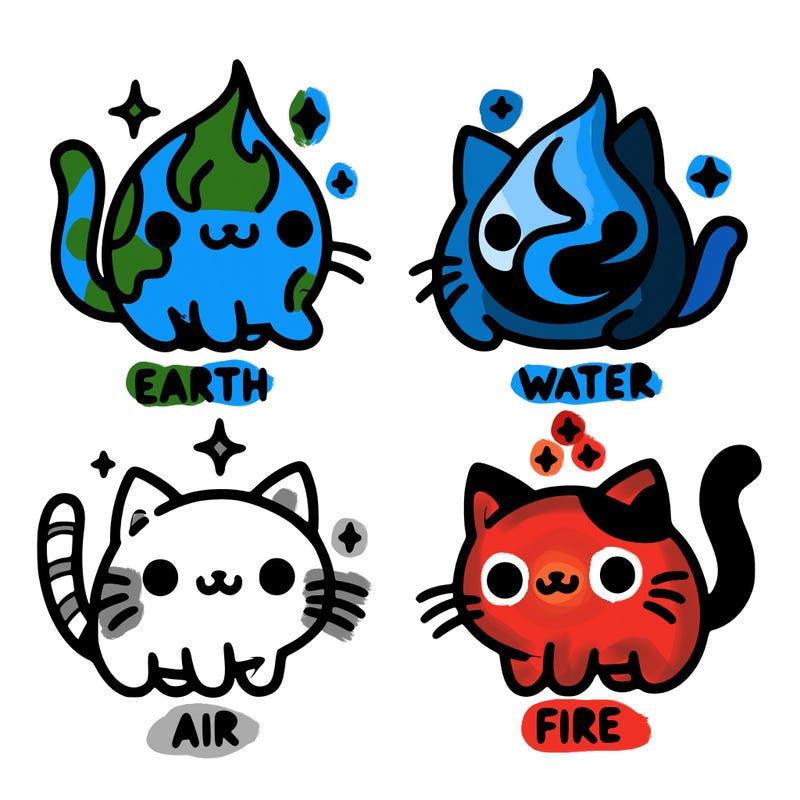 4 cats that represent the different elements, earth, water, air, and fire