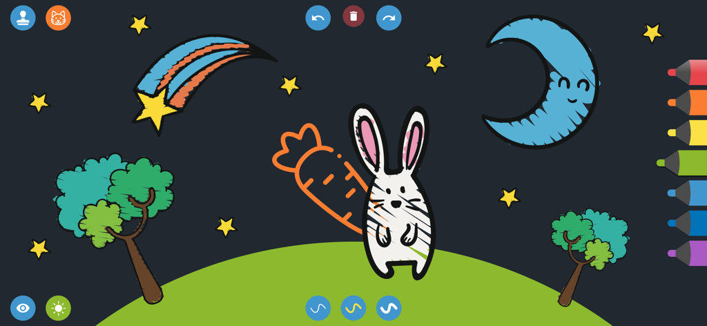 Drawing for Kids. Painting Pad - 子供のお絵かきアプリのインターフェース、ウサギの月と星の夜景を表示