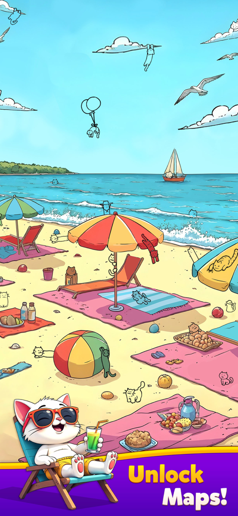 Spot The Cat- Hidden Objects - Ein farbenfrohes Wimmelbildspiel-Level mit versteckten Katzen in einer Strandszene.