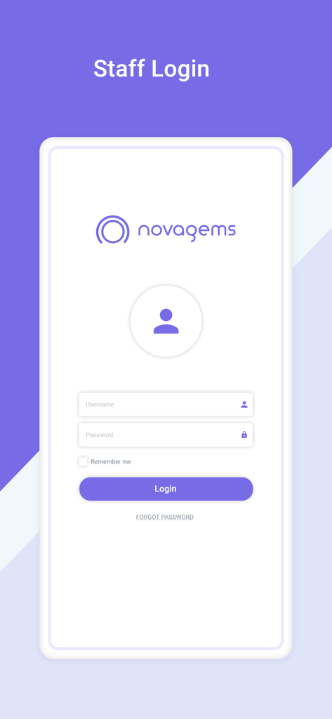 Novagems StaffApp - Login screen for Novagems StaffApp featuring username and password fields for security personnel
