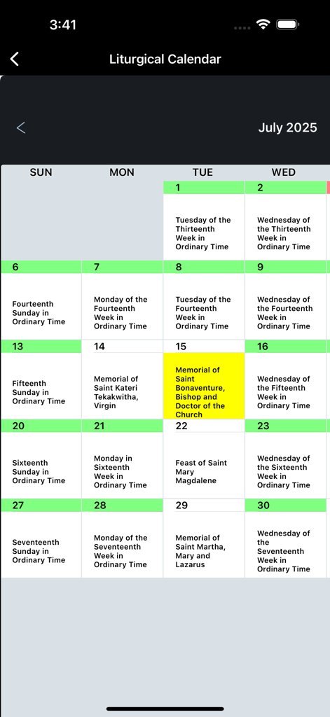 Ein Bildschirm, der den liturgischen Kalender für Juli 2025 mit katholischen Feiertagen und Sonntagen der gewöhnlichen Zeit zeigt.