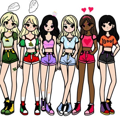a group of girls wearing crop tops and shorts