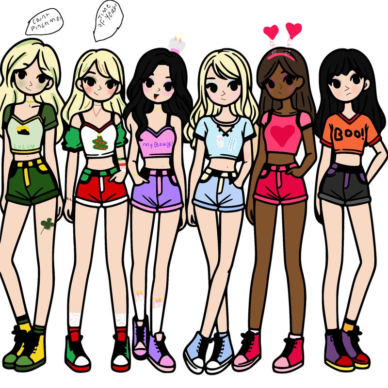 a group of girls wearing crop tops and shorts