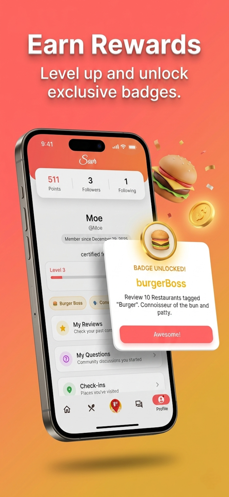 Savr: Find Restaurants & Cafes - Savr mobile app interface showing a user profile with points and a newly unlocked burgerBoss badge popup.