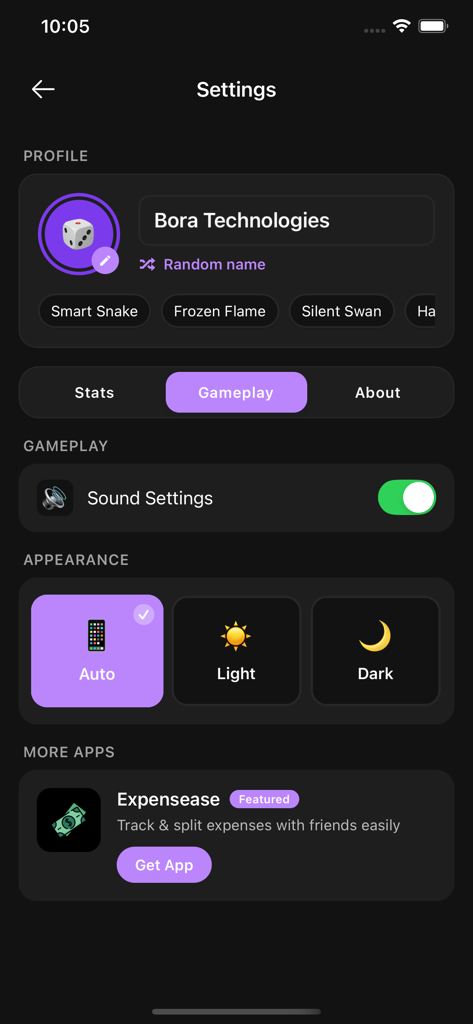 Name Place Animal Thing - Settings screen of Name Place Animal Thing app with profile options and theme selection.