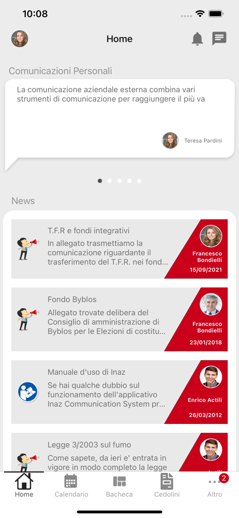HR INAZ - The home screen of the HR INAZ app featuring a company news feed and communication updates
