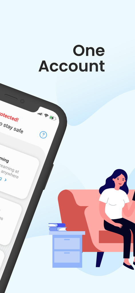 Interface de l'application mobile IvacyVPN présentant la fonctionnalité « Un seul compte » pour la sécurité et le streaming multi-appareils.