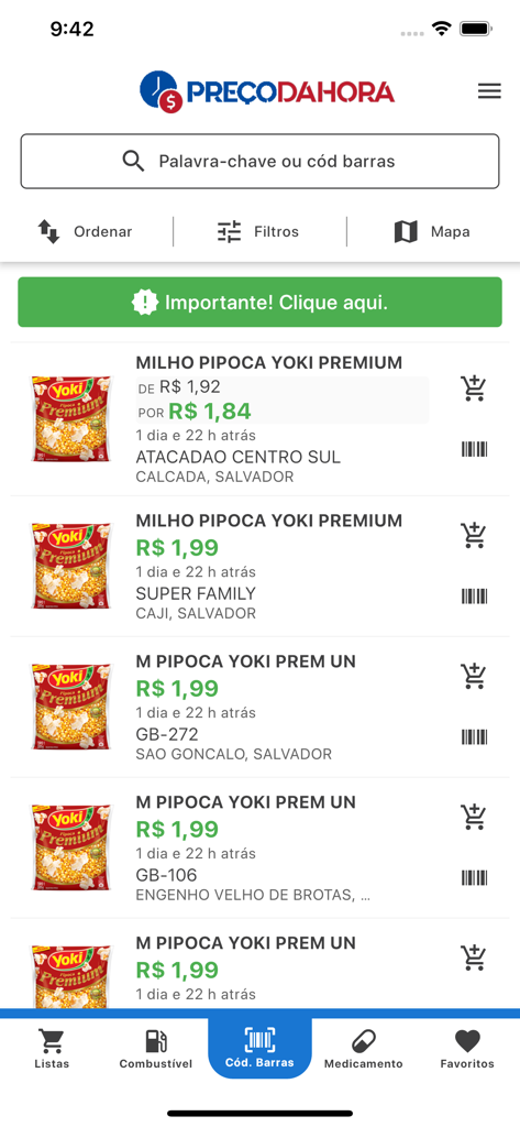 Preço da Hora Bahia - Tela do celular mostrando a comparação de preços de pipoca em diferentes lojas usando o aplicativo Preço da Hora Bahia.