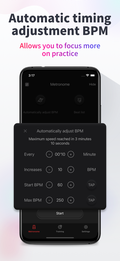 Metronome-music beat rhythm - Interface showing the automatic BPM timing adjustment feature for instrument practice