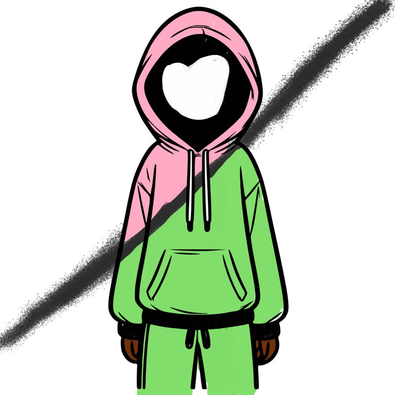 faceless girl in a tracksuit with a hood on and no hair