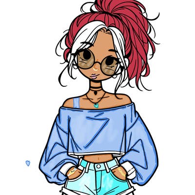 girl with a messy ponytail glasses a baggy crop top and jean shorts