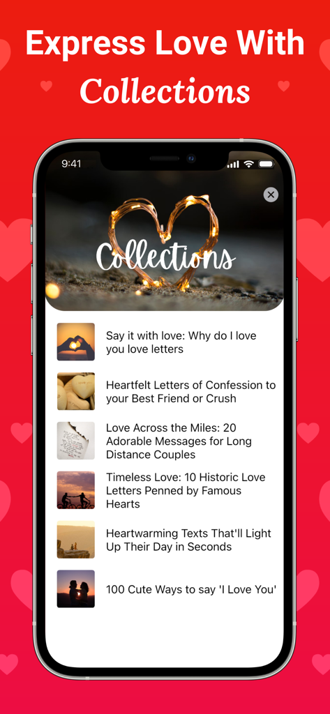 A mobile screen showing different romantic message collections in the Love Letter app