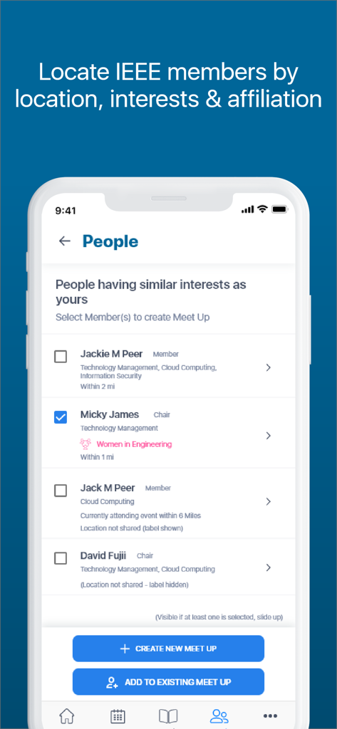 IEEE - IEEE-App-Oberfläche zum Auffinden von professionellen Mitgliedern nach Standort und ähnlichen technischen Interessen