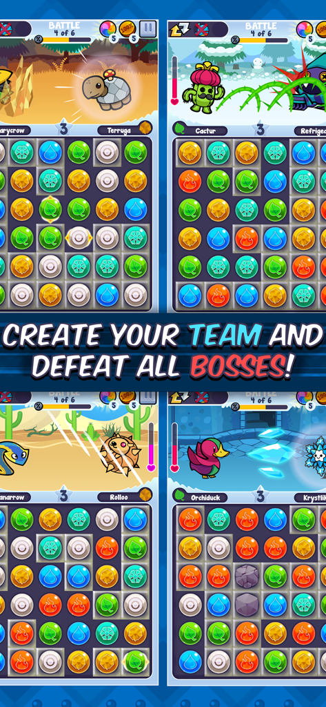 Pico Pets Puzzle - A compilation of four gameplay screens from Pico Pets Puzzle showing match 3 mechanics combined with monster battles and a call to action to defeat bosses