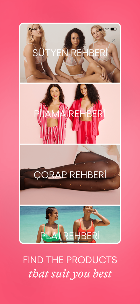 Penti: İç Giyim ve Ev Giyim - Bildschirm mit Produktleitfäden der Penti App für BHs, Pyjamas, Strumpfwaren und Bademode.