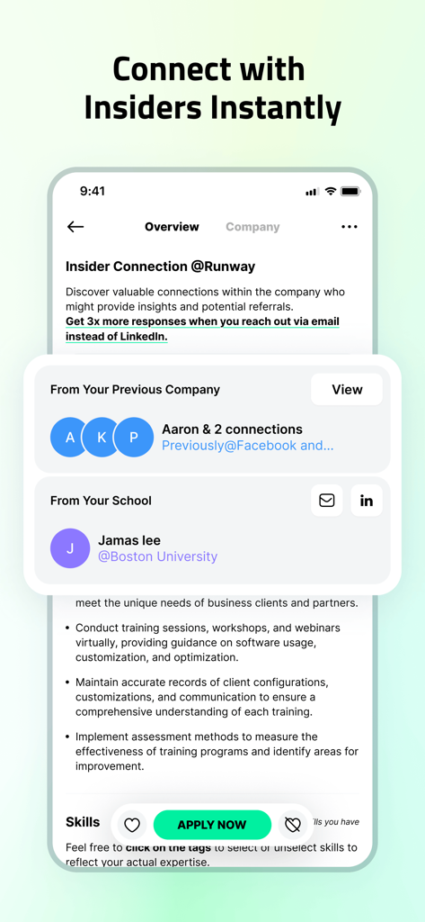 Jobright - AI Job Search - Jobright app interface showing insider connections from previous companies and schools to help users get job referrals