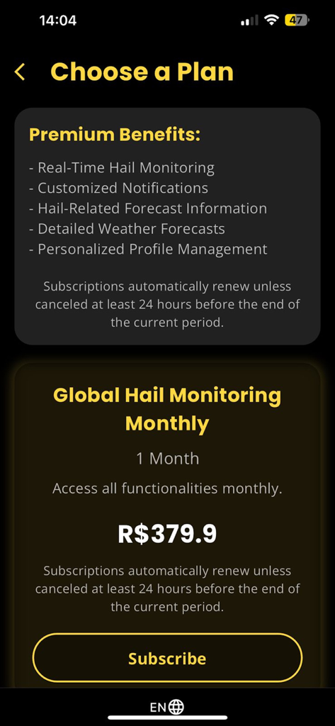 PDRadar - PDRadar app screen for choosing a subscription plan showing monthly pricing and premium hail monitoring benefits