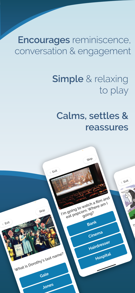 Memory Lane Games - Memory Lane Games app screenshots showing simple nostalgia-based trivia questions designed to encourage reminiscence and engagement for seniors