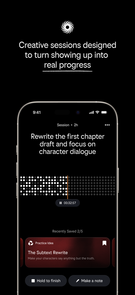 Journey Now - Journey Now app interface showing a focused creative writing session with a timer and practice prompts