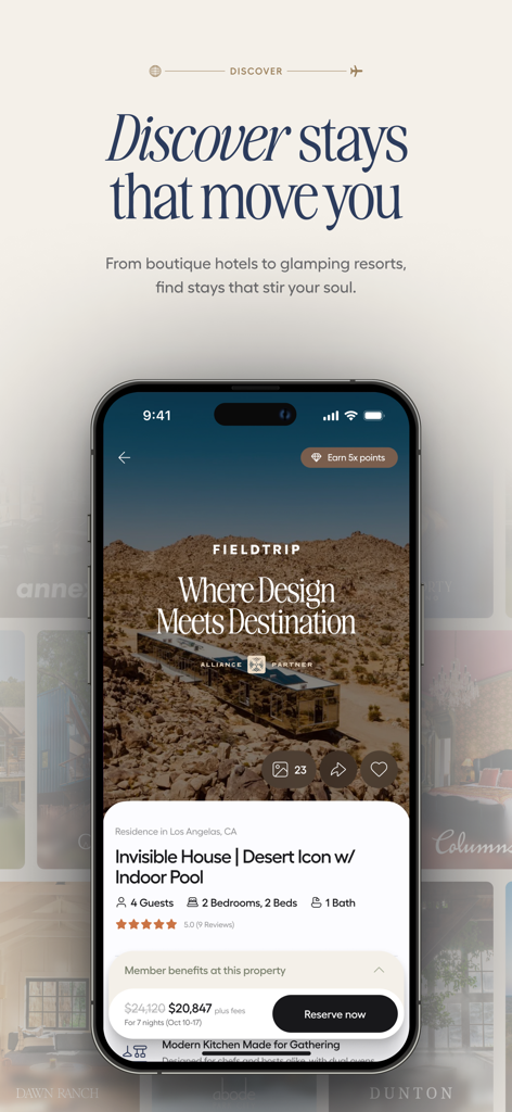 Journey | Loyalty Rewards - Journey app interface showcasing a luxury desert house listing and loyalty rewards