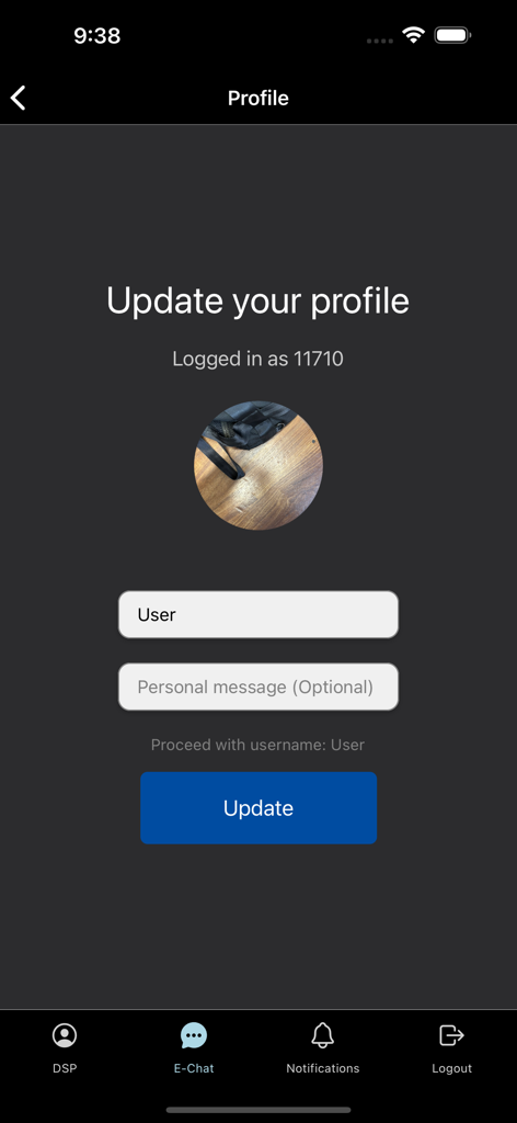 Profile update screen in the Enagic App showing fields to edit user name and personal message