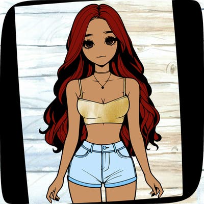 a realistic girl with long hair and in a crop top and shprts