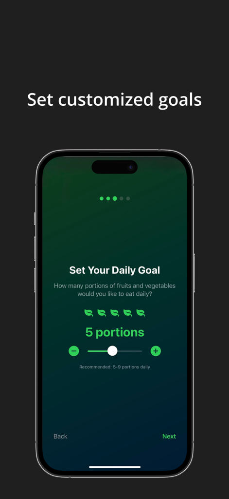 Fruits Tracker: Daily Counter - A mobile interface for setting a customized daily goal of fruit and vegetable portions
