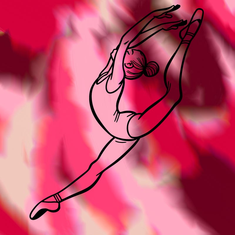 gymnast doing a leap in a leotard with a bent back leg