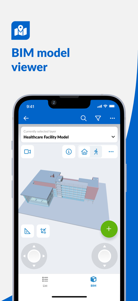 PlanRadar Construction Manager - PlanRadar app interface displaying a 3D BIM model viewer of a healthcare facility on a mobile device